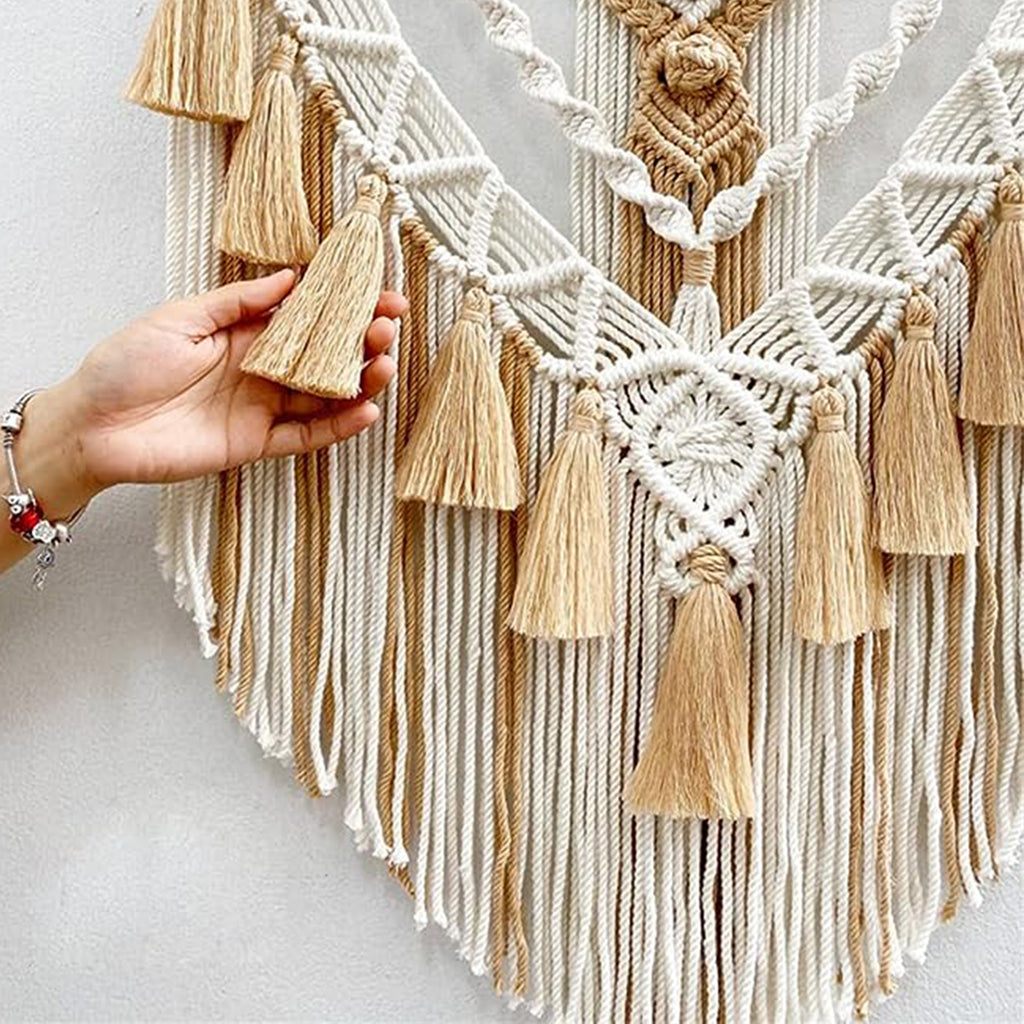 Boho Macrame Beautiful Wall Tapestry in Beige - bottom fringe close-up