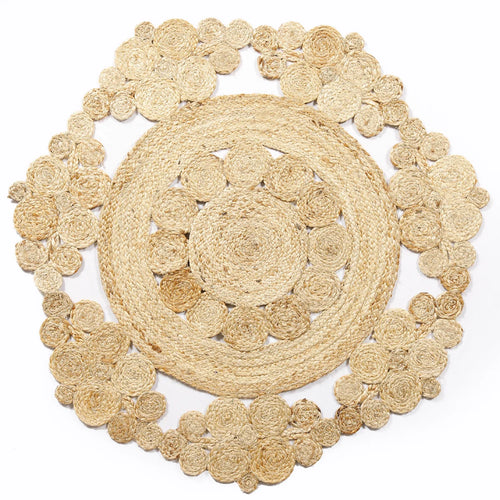 Brown braided round jute rug flat lay — handwoven India