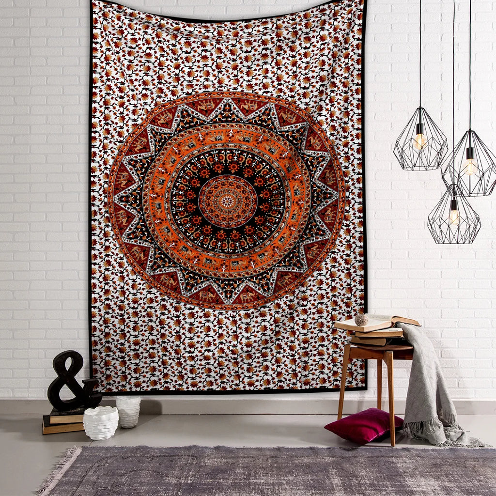 Brown Elephant Mandala Printed Wall Decor Tapestry