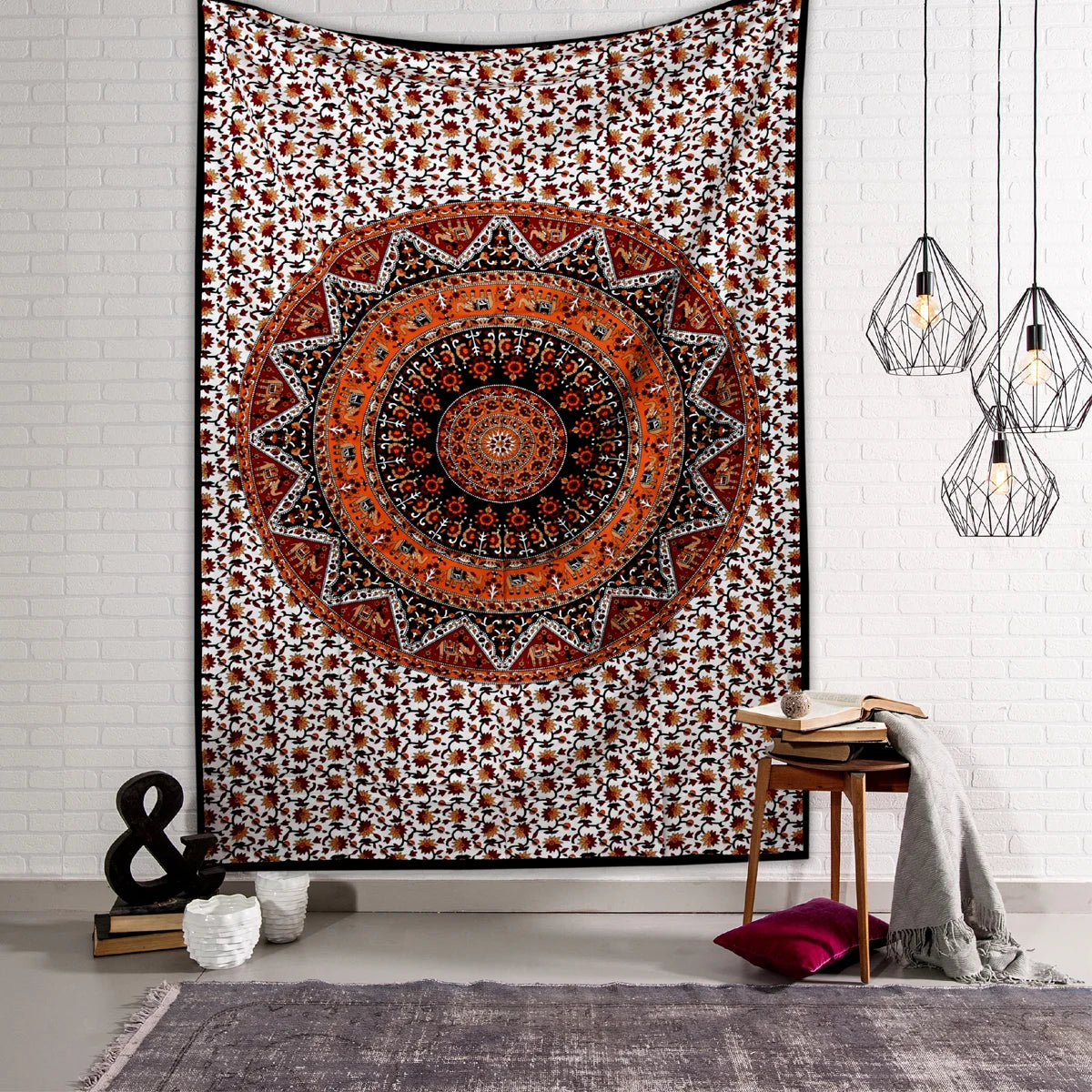 Brown Elephant Mandala Printed Wall Decor Tapestry