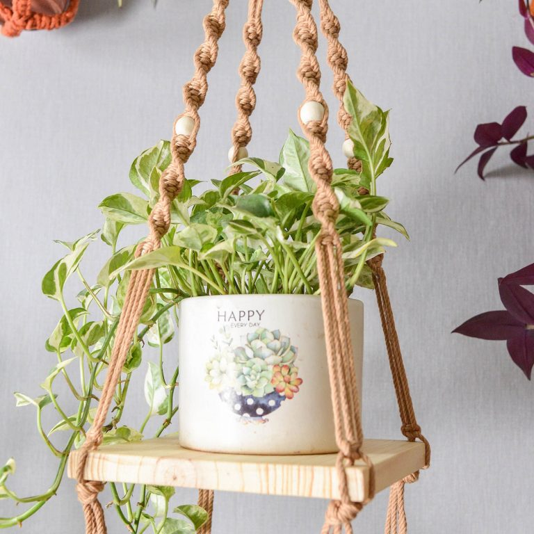 Macrame Plant Hanger Square Shape Pine Wood Shelf | Handwoven