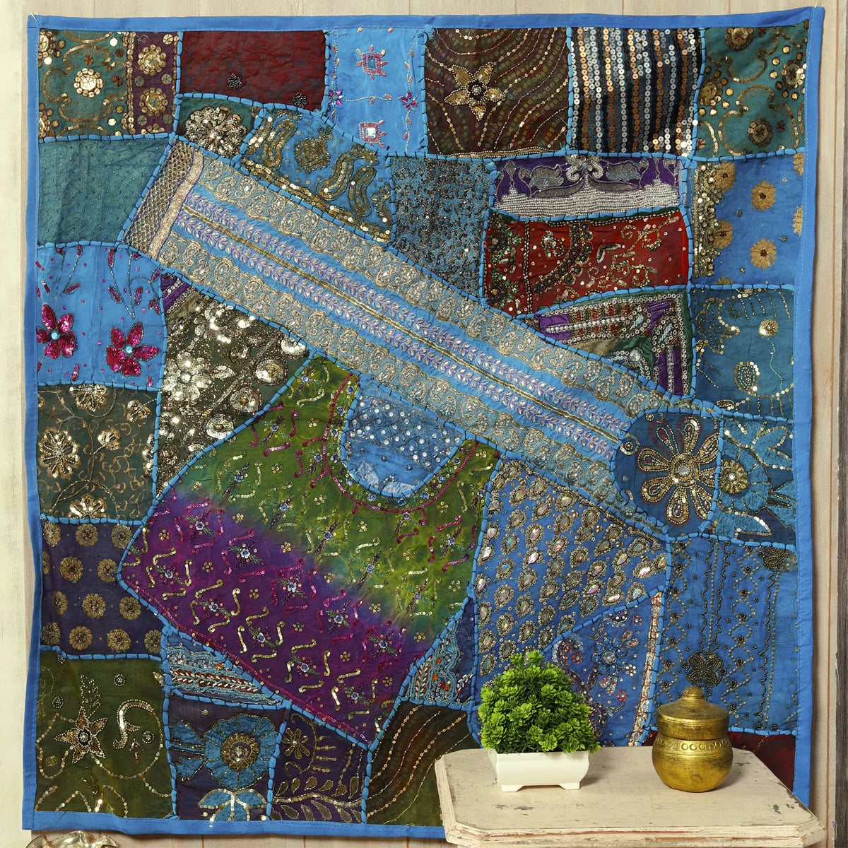 Turquoise Cotton patchwork tapestry