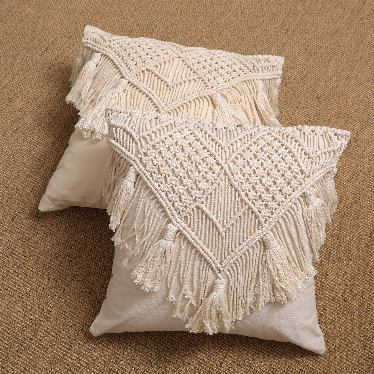 Hand-Knotted Bohemian Macrame Cushion Cover with Tassels