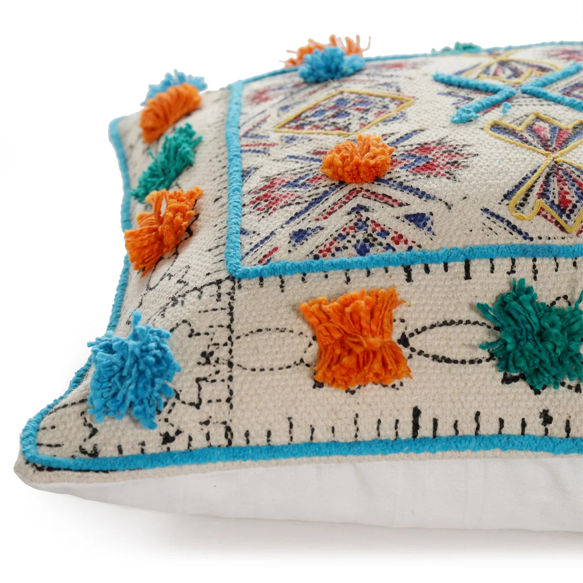 Decorative Tufted & Hand Block Print Dhurrie Cushion Cover