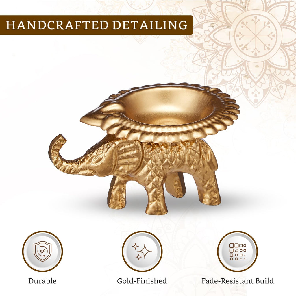 Handcrafted Metal Elephant Diya for Puja | Tealight Candle Holder for Home Décor & Gifting (Pack of 2) | 8 x 6.5 x 4.5 cm Each