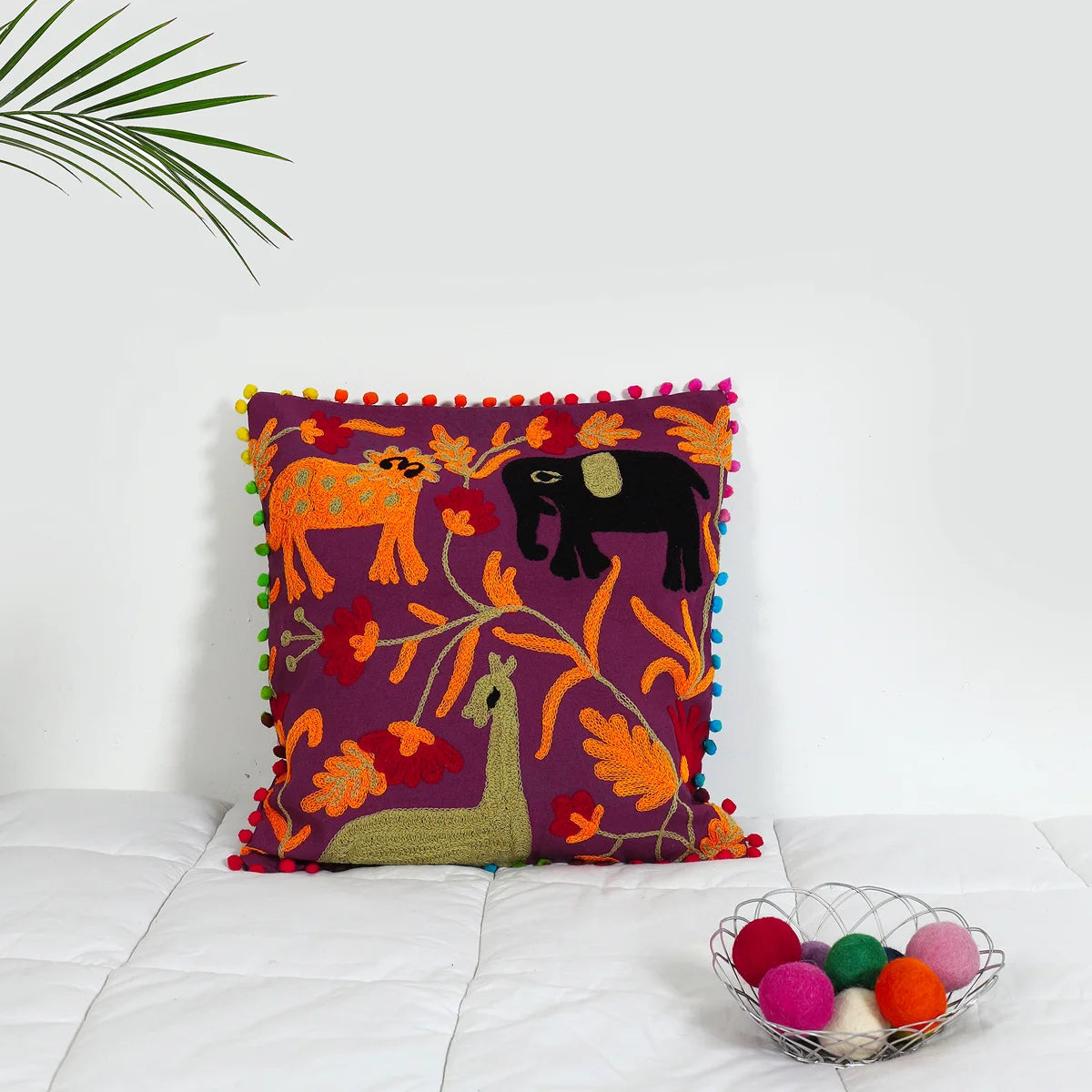 Embroidered Magenta Decorative Cushion Cover 16”