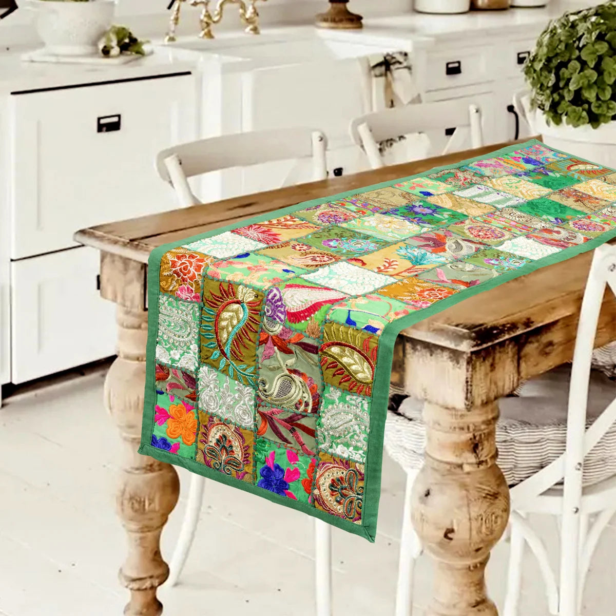 Green Embroidered Table Runner Decorative Patchwork