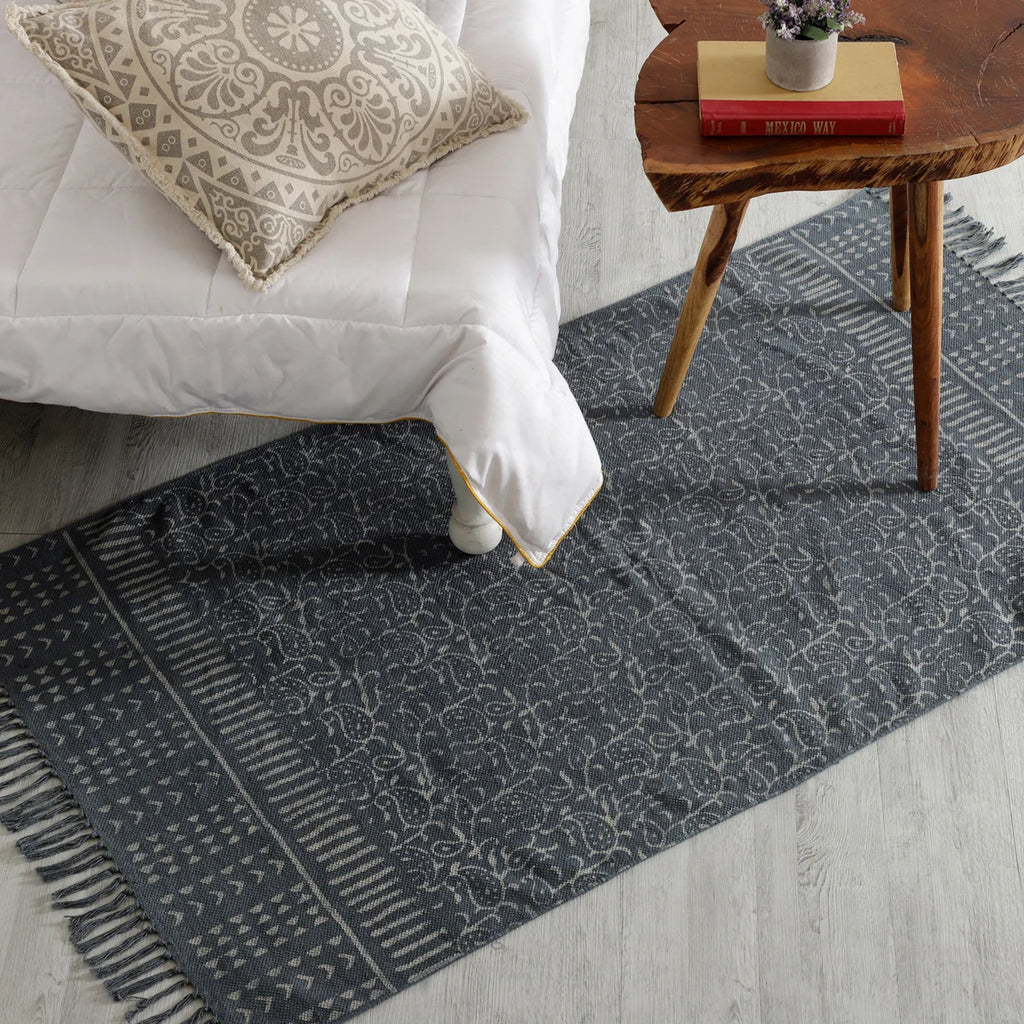 Grey Paisley Block Printed Rug