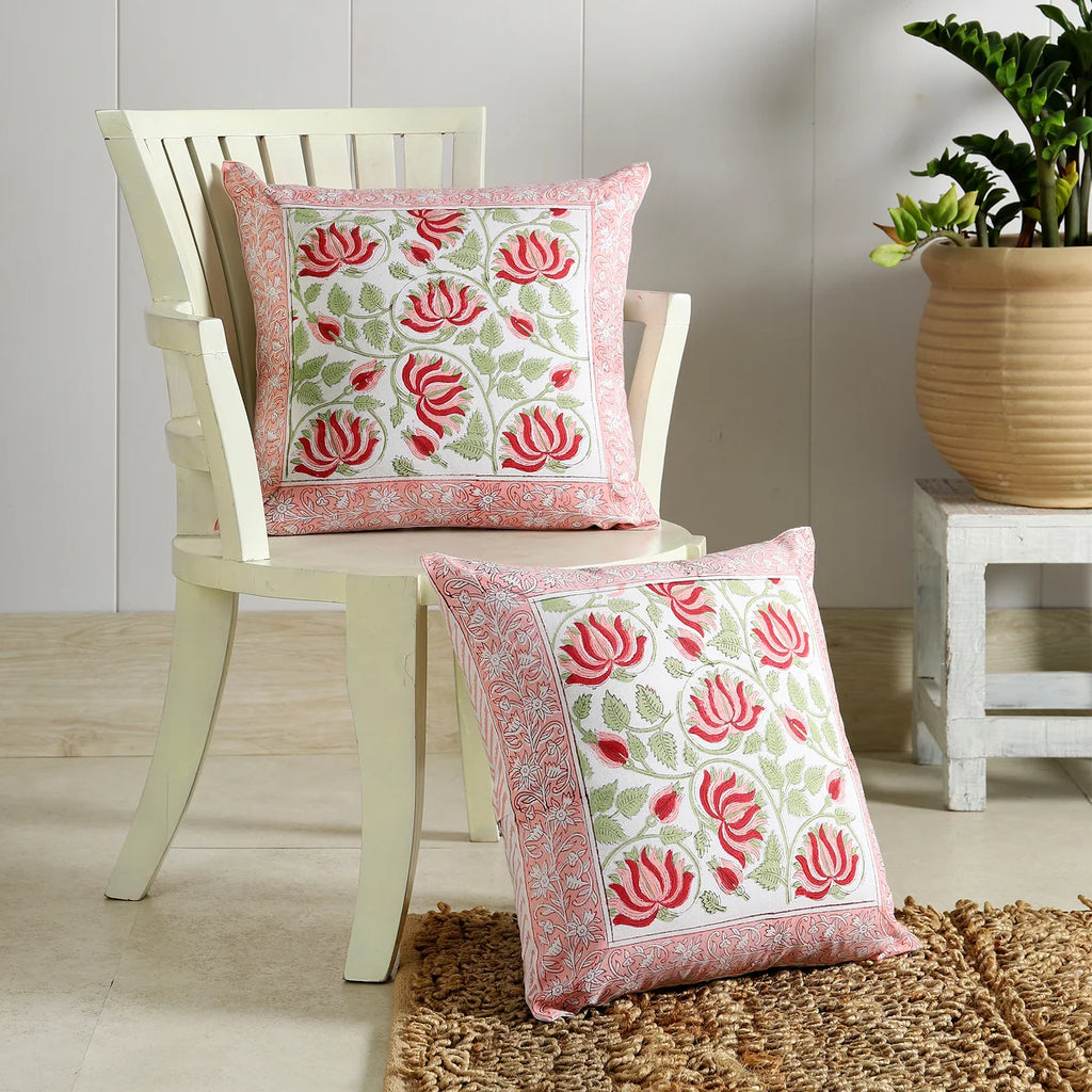 Hand Block Floral Printed 100% Cotton Cushion Cover Set Of 2