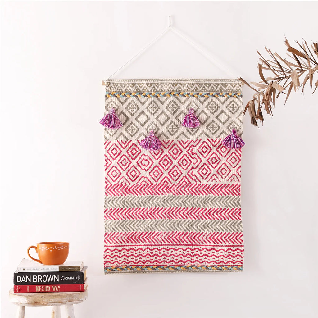 Hand Printed Macrame Woven Wall Hanging Tapestry