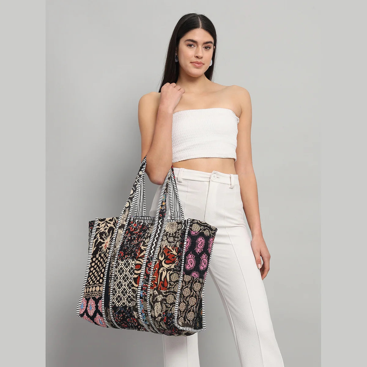 Handmade Quilted Patchwork Design Black Carry Bag