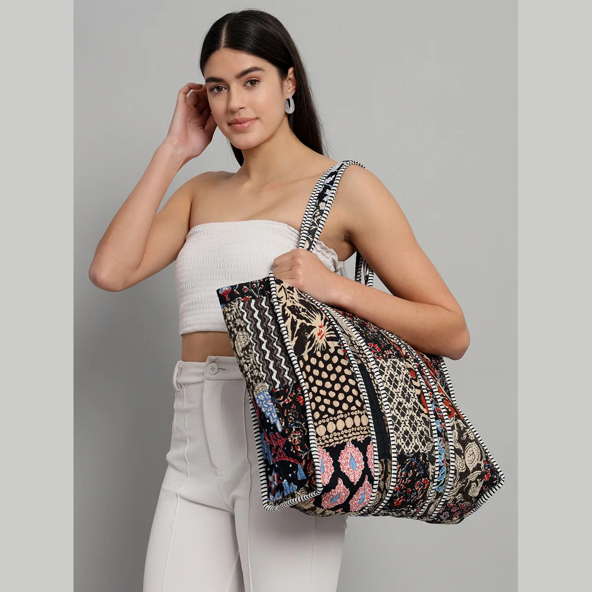 Handmade Quilted Patchwork Design Black Carry Bag