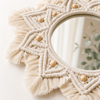 Alabaster Round Wall Mirror | Hand-Knotted Macrame Cotton Rope on Metal Frame | Boho Round Accent Mirror, 18 In, Cream
