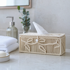 Leaf Pattern Macrame Tissue Box on a marble bathroom vanity