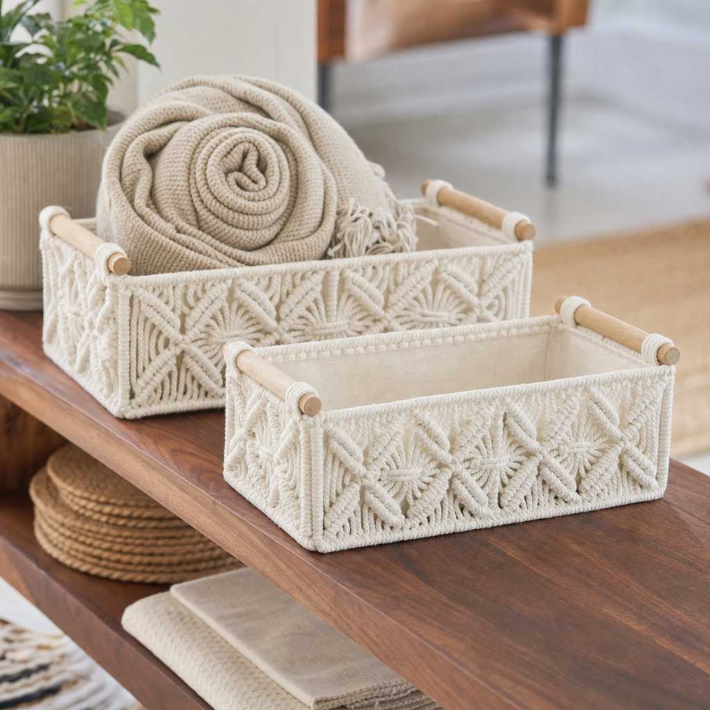 Set of 2 Handwoven Storage Baskets on a living room open shelf