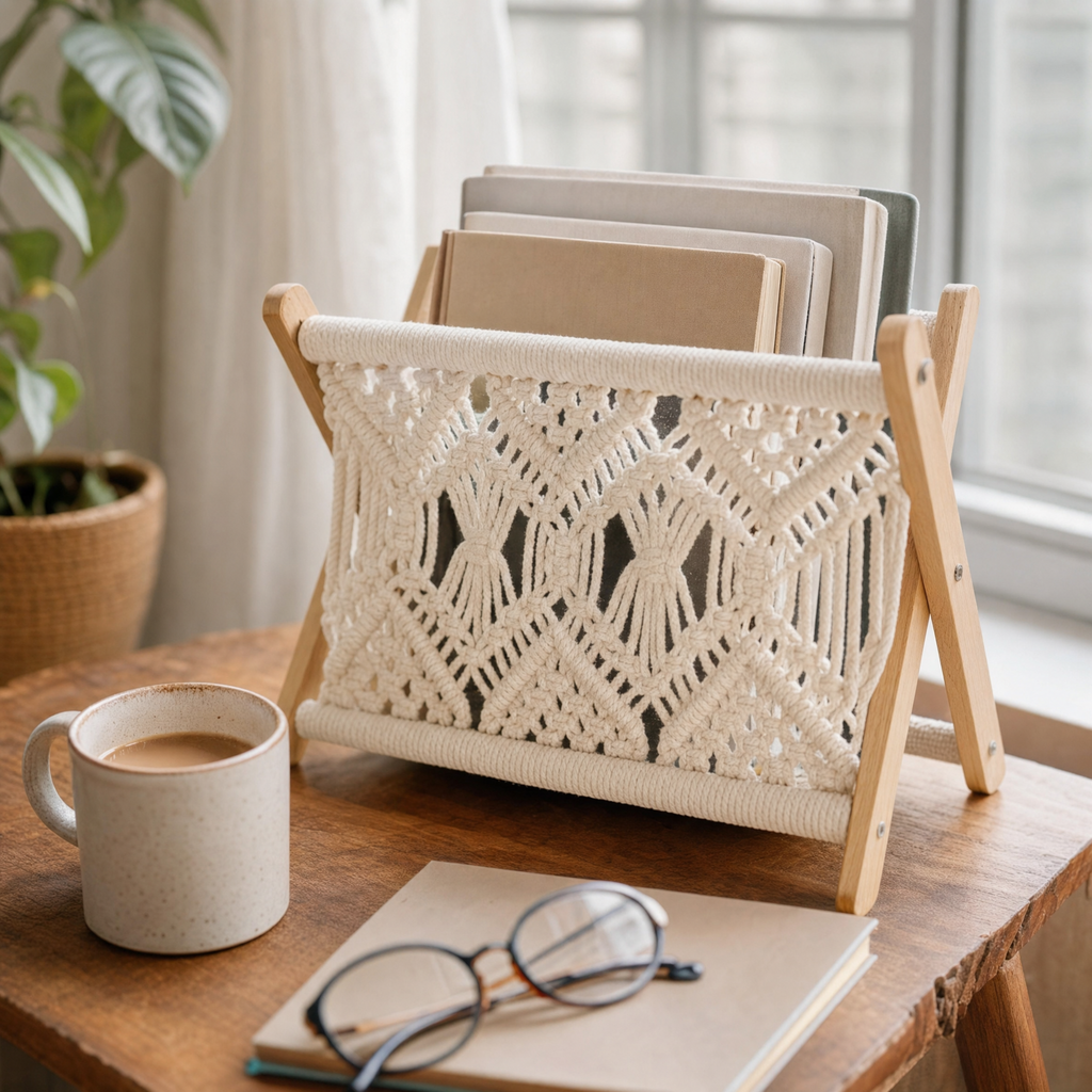 Boho Wooden Macrame Book Holder styled in a sunlit reading nook