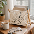 Boho Wooden Macrame Book Holder styled in a sunlit reading nook