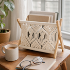 Boho Wooden Macrame Book Holder styled in a sunlit reading nook