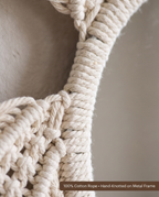 Marlow Round Macrame Wall Mirror — macro detail of hand-knotted cotton rope on metal frame