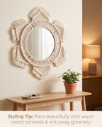 Marlow Round Macrame Wall Mirror — styled in entryway console setting
