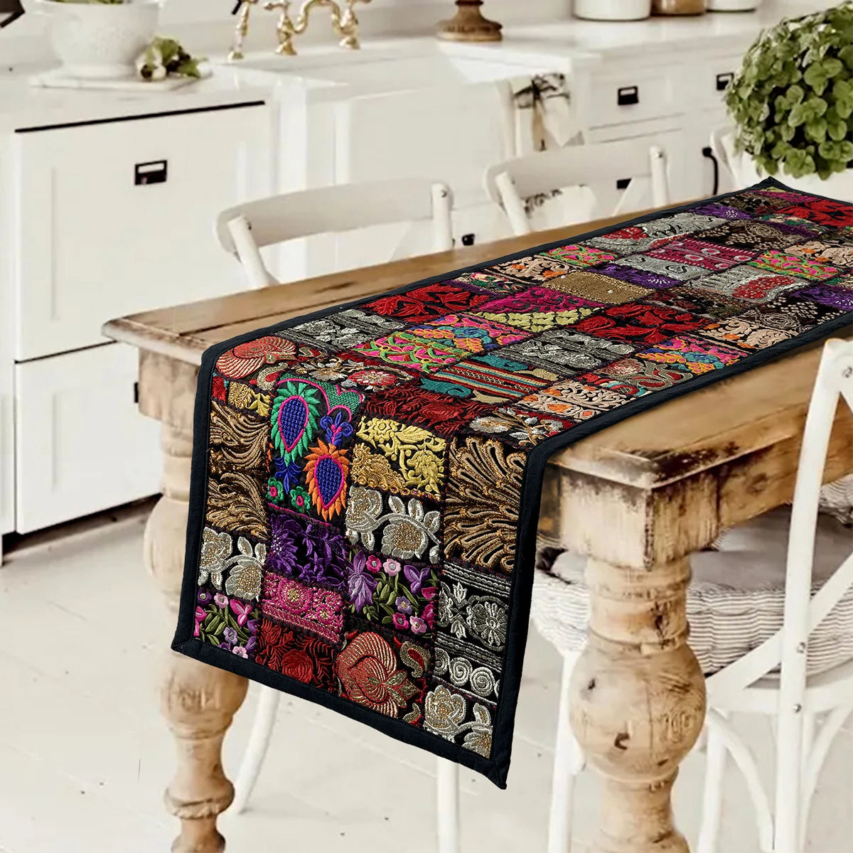 Indian Embroidery Black Patchwork Cotton Table Runner