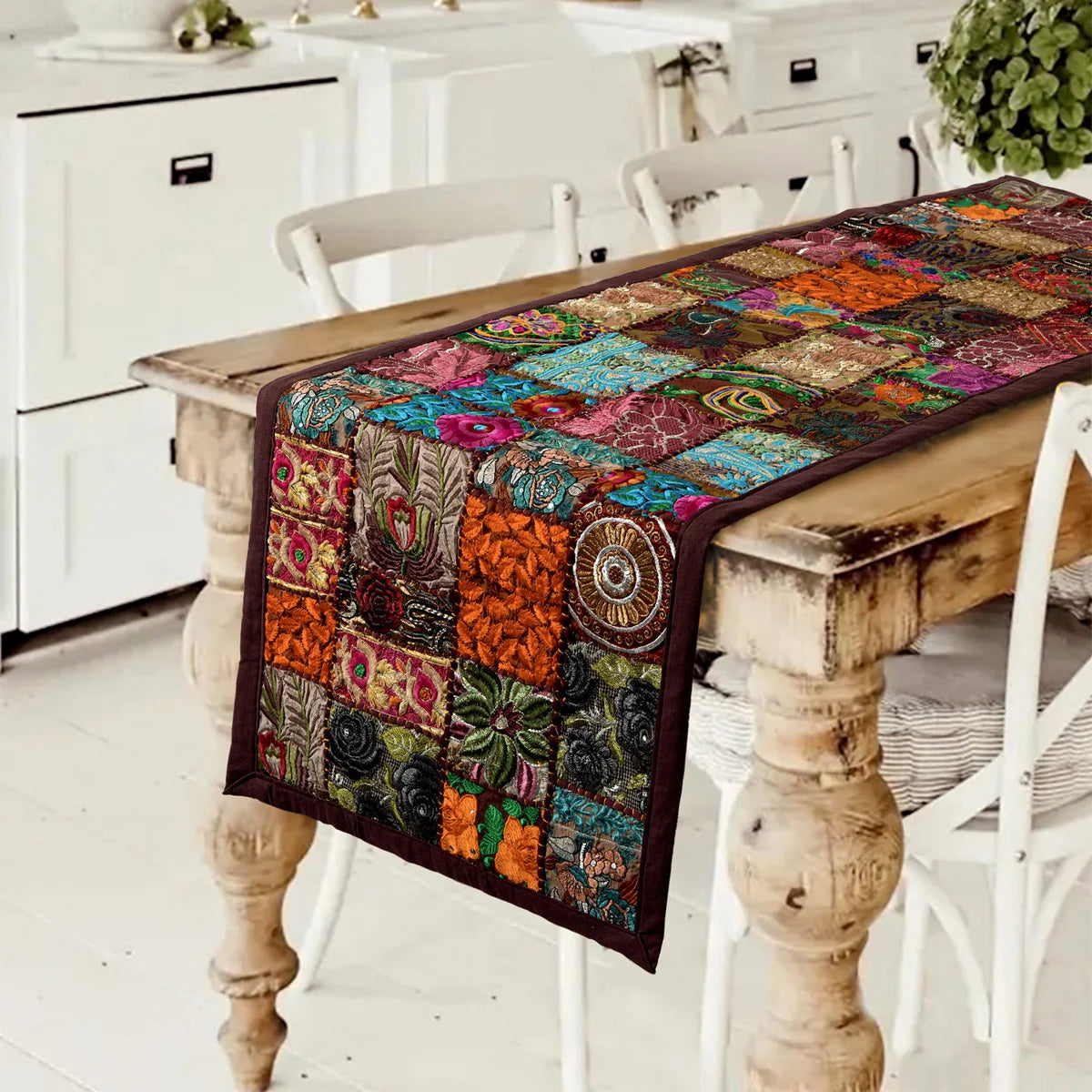 Indian Embroidery Brown Patchwork Cotton Table Runner