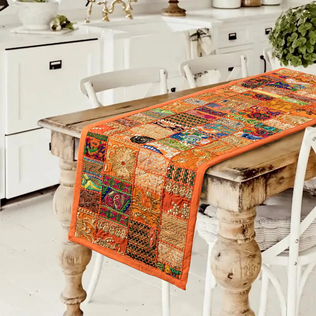 Indian Embroidery Orange Patchwork Cotton Table Runner