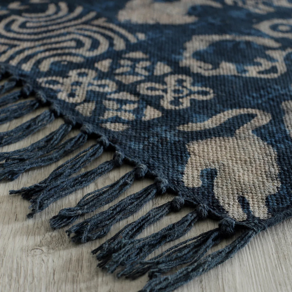 Block Printed Indigo Blue Animal Print Rug