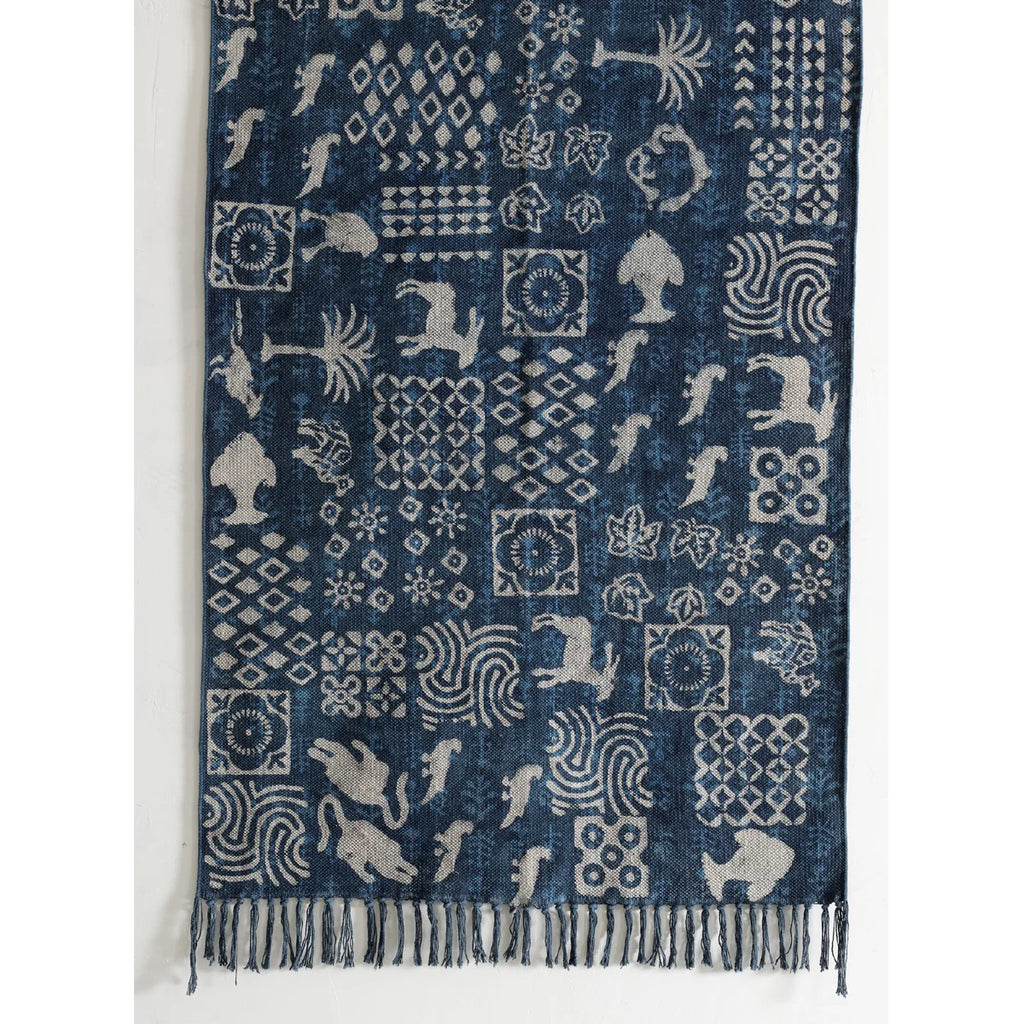 Block Printed Indigo Blue Animal Print Rug