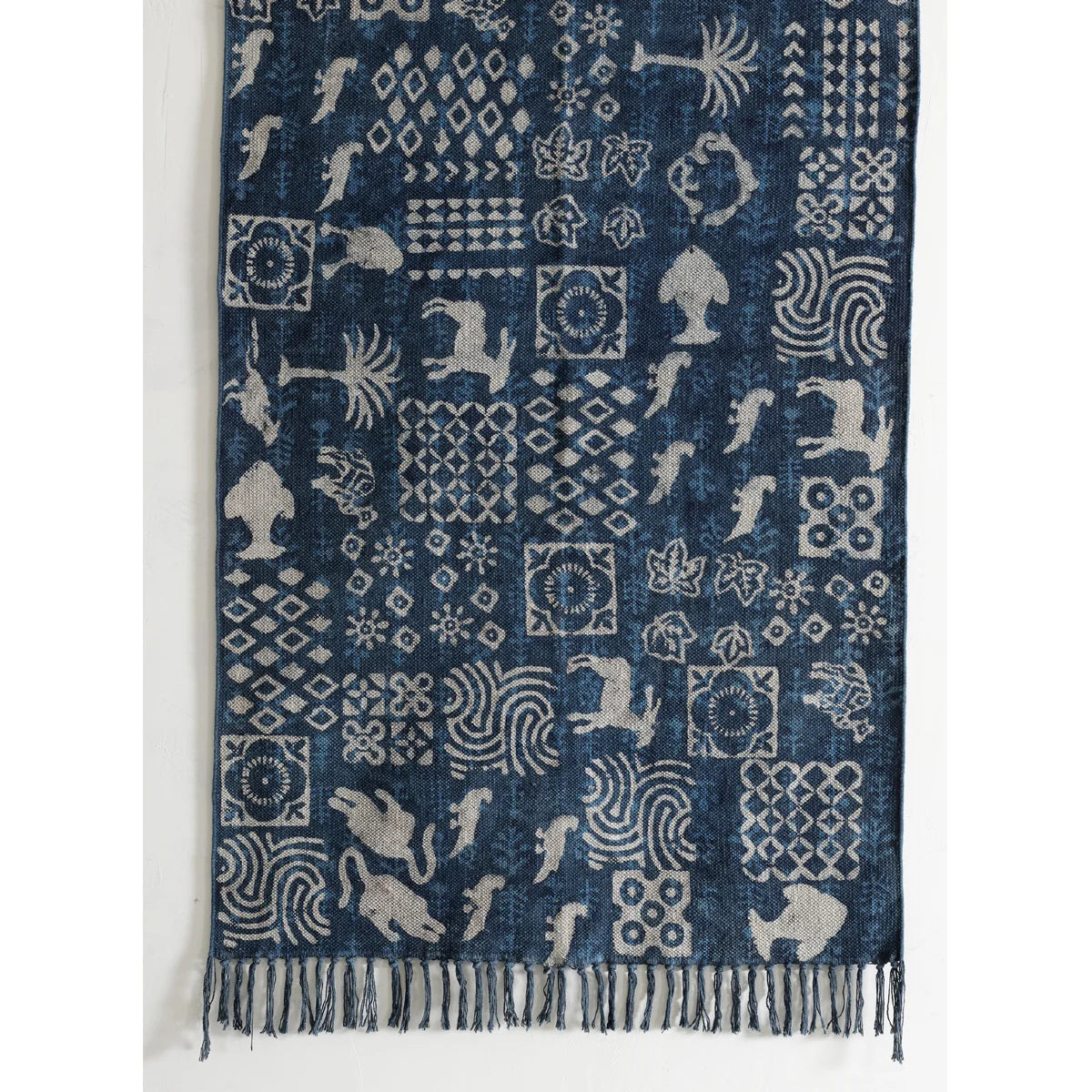 Block Printed Indigo Blue Animal Print Rug
