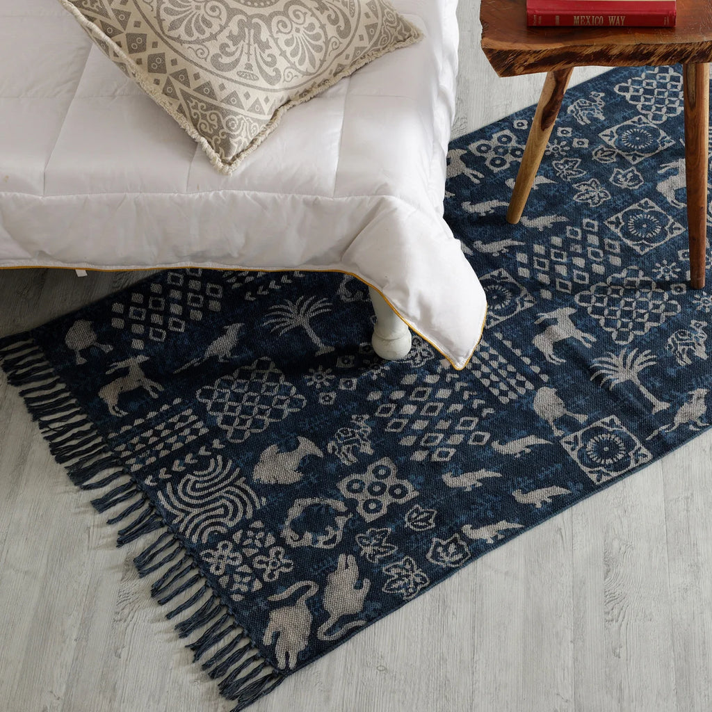 Block Printed Indigo Blue Animal Print Rug