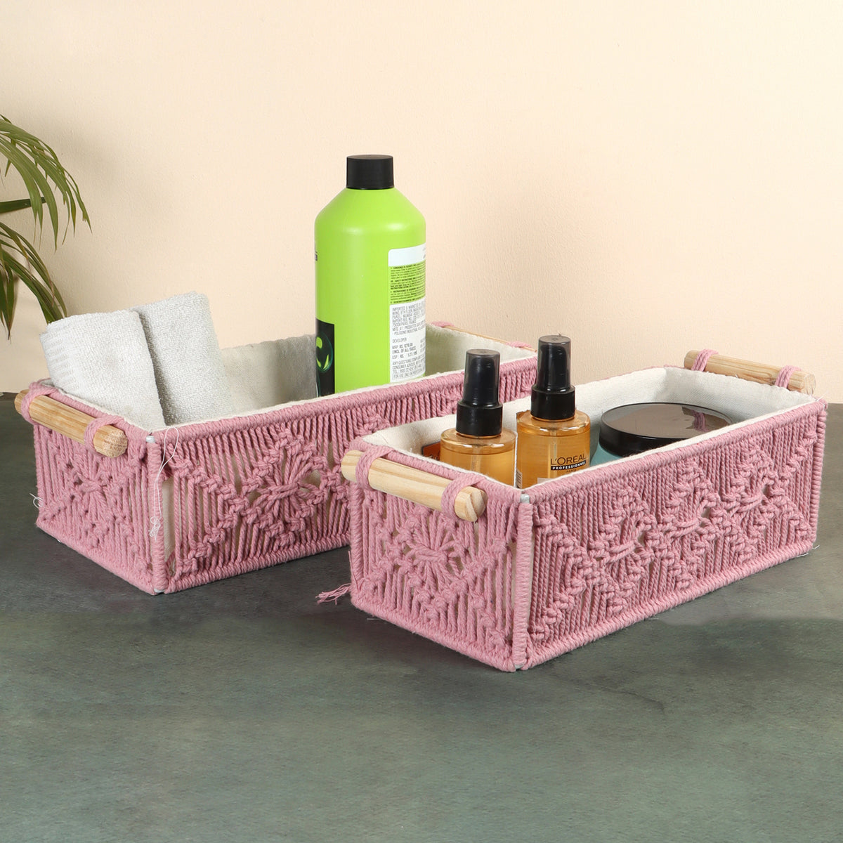 Pink Macrame Storage Baskets, Set of 2