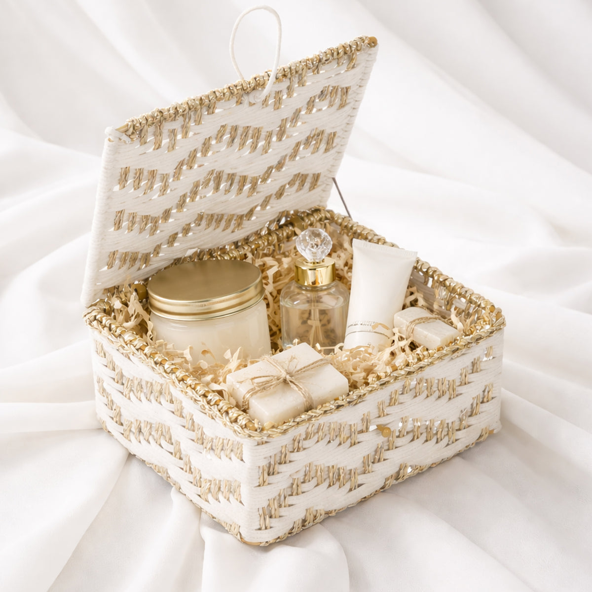 Off-white macrame storage hamper box lifestyle photo