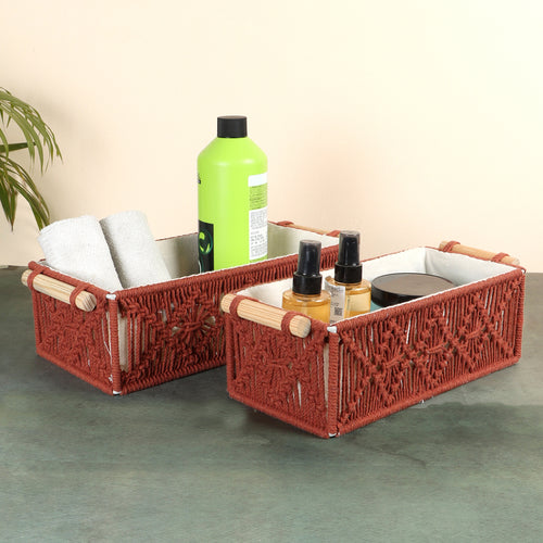 Brown macrame storage basket set with wooden handles