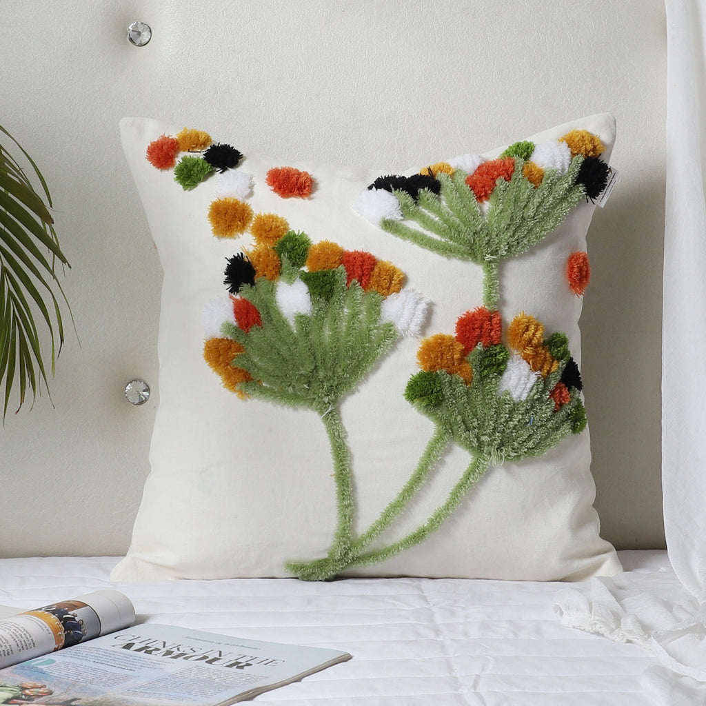 Tufted flower cushion cover styled on sofa