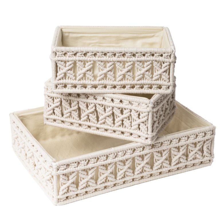 Set of 3 macrame storage baskets featured — handwoven India