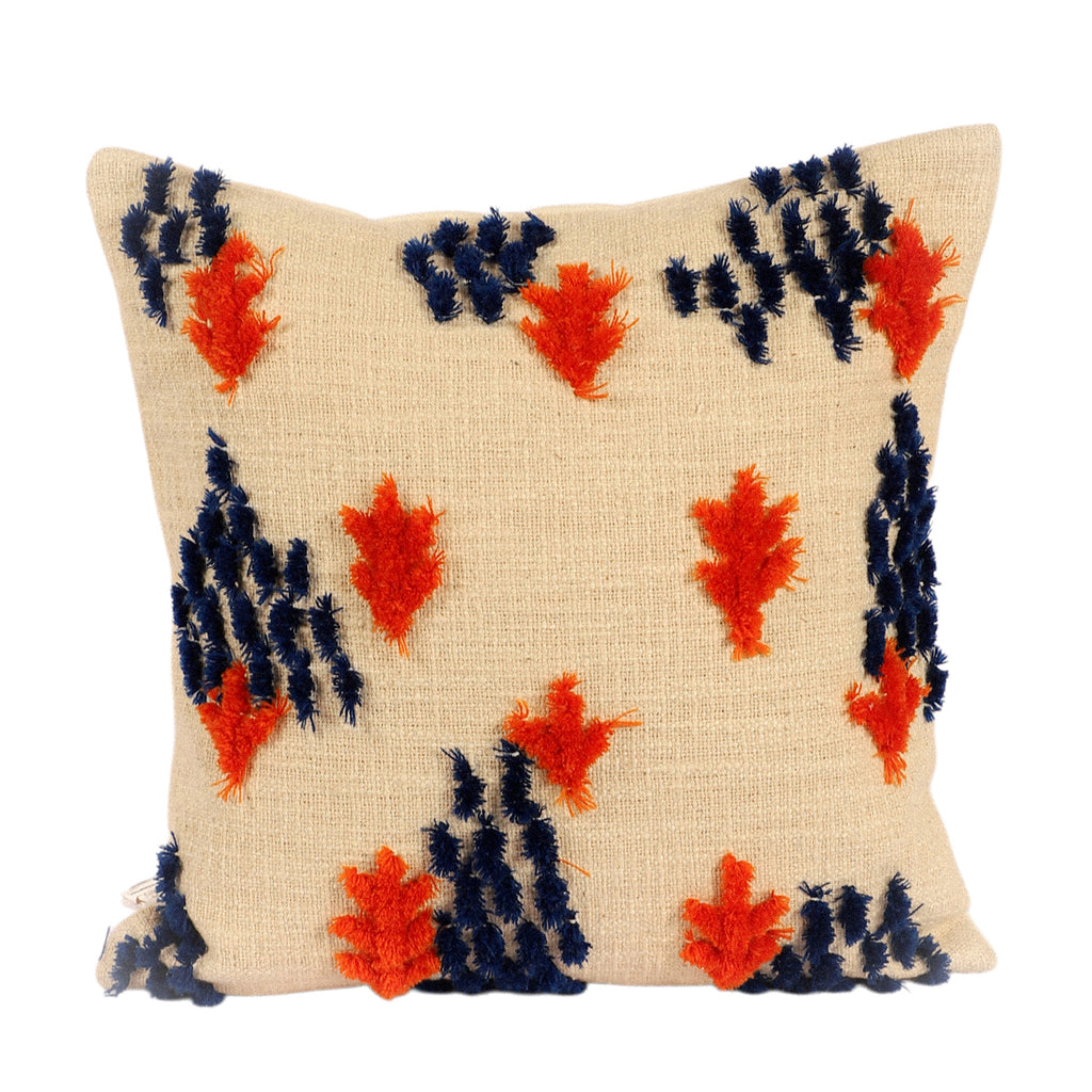 Abstract tasseled hand-tufted cushion cover with dark blue and orange tassel clusters