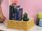 Yellow macrame hamper basket angle view