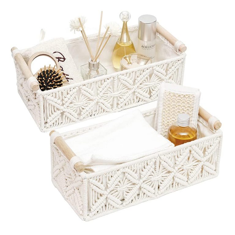 Set of 2 handwoven storage baskets with wooden handles — artisan India