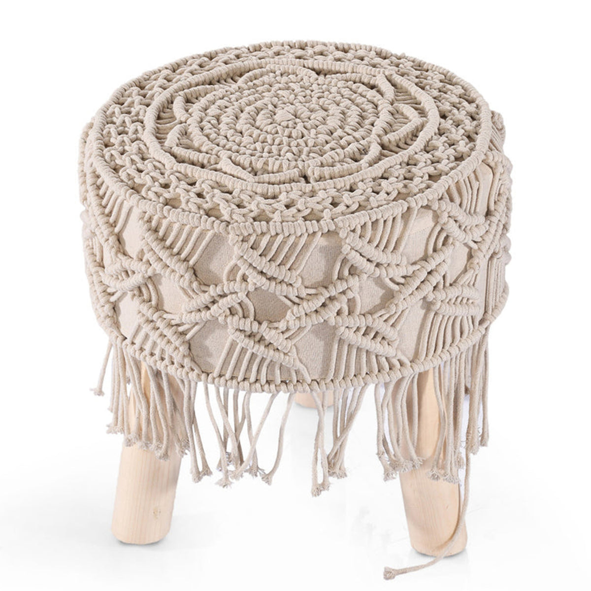Cream white cotton rope knotting detail on ottoman chair