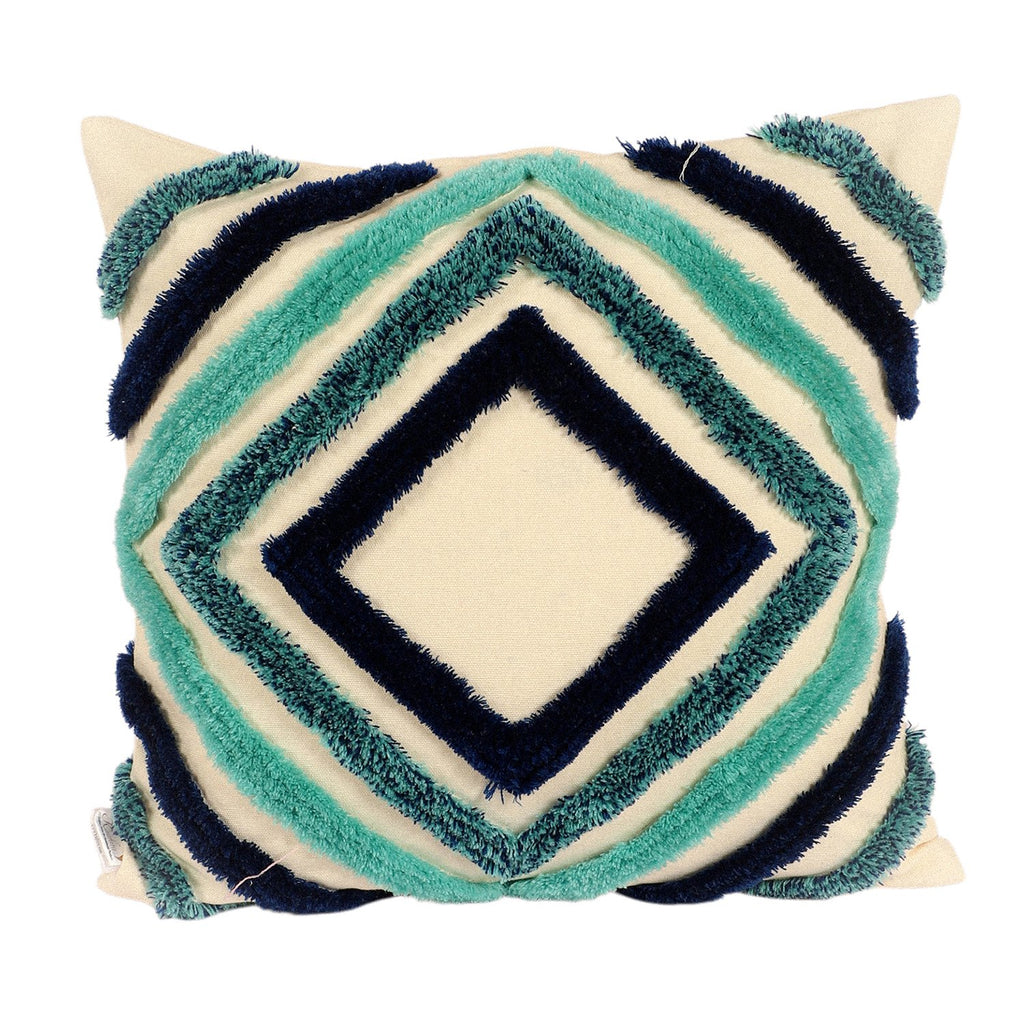 Concentric diamond hand-tufted cushion cover in white and blue