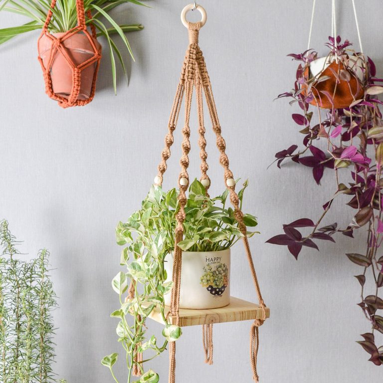 Macrame Plant Hanger Square Shape Pine Wood Shelf | Handwoven