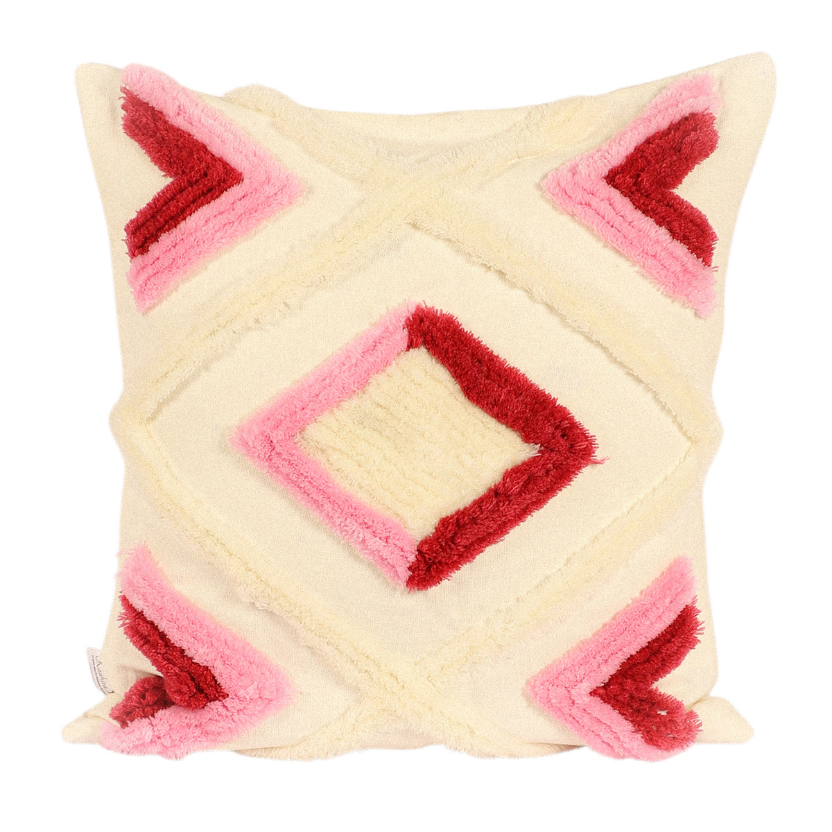 Diamond geometric hand-tufted cushion cover in pink and red