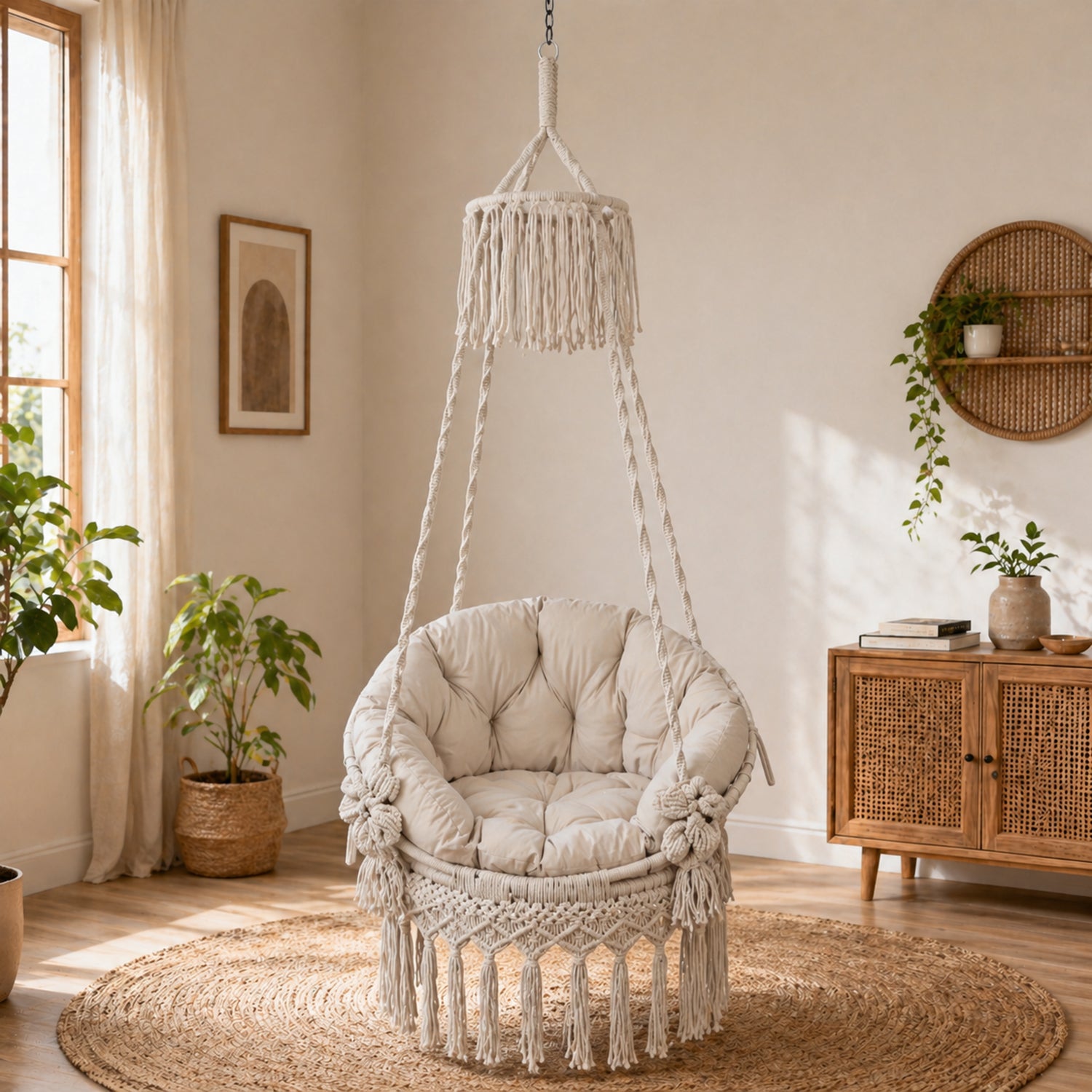 King size macrame swing chair in off white