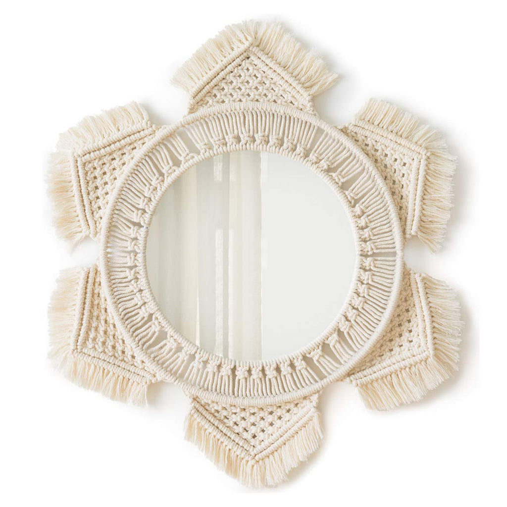 Off-white hand-knotted round macrame wall mirror