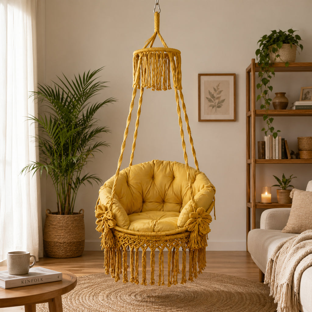 King size macrame swing chair in yellow