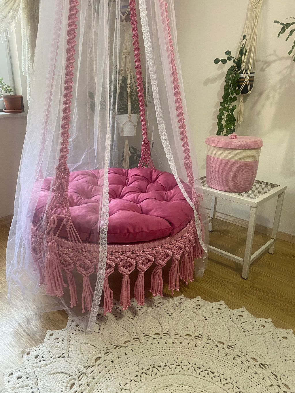 Macrame swing bed canopy detail