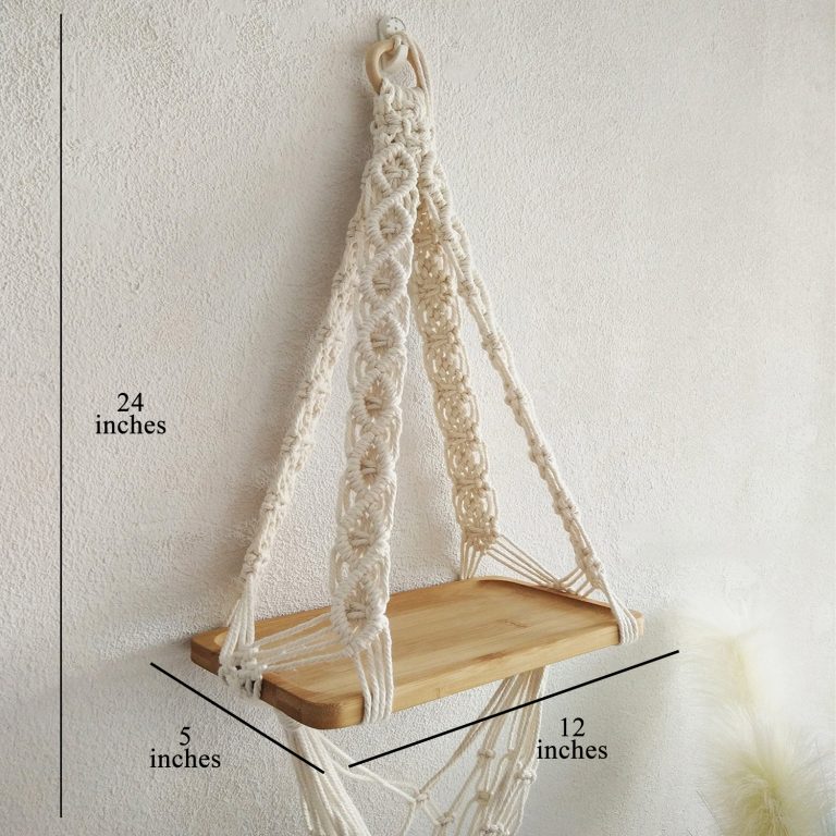 Macrame Boho Wall Hanging with Pine Wood Shelf | Handwoven | 12x5"