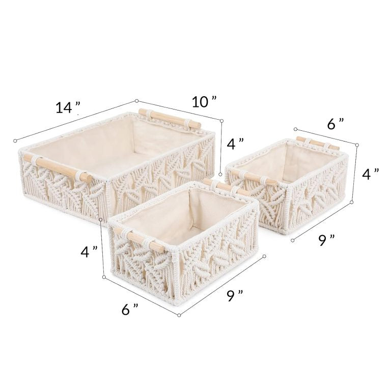 Set of 3 macrame baskets measurement guide — handwoven India