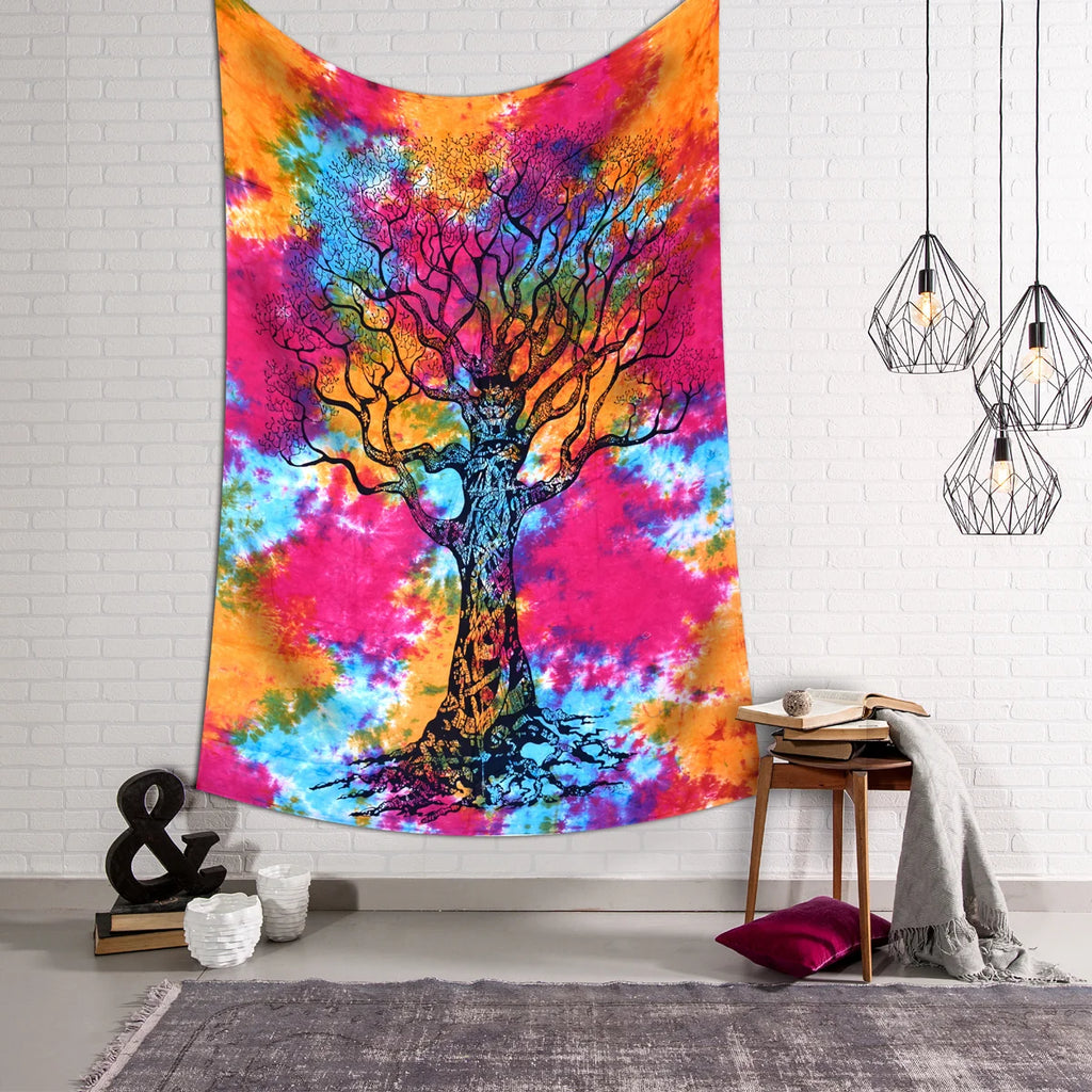 Multi Color Tree of Life Tie Dye Printed Bedsheet